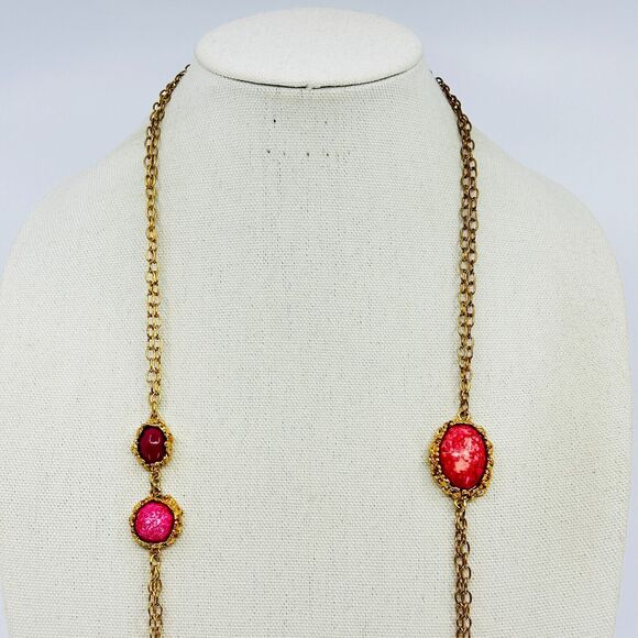 Chicos Necklace Pink Maroon Cabochon Stations Gold Tone 44" Everyday Jewelry - Picture 3 of 8